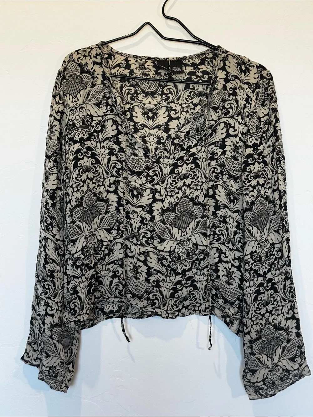Vintage Mossimo Black & Cream Silk Damask Blouse w Front Tie- Boho Dark Academia